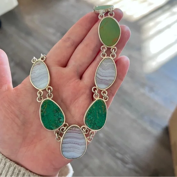 Whitney Kelly Sterling Silver 925 Blue Lace Agate and Chrysoprase Link Necklace - Picture 8 of 10